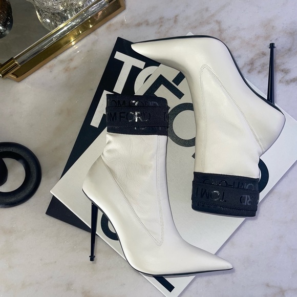 Tom Ford Shoes - New Tom Ford Smooth Booties with TF Stretch-Trim in White & Black